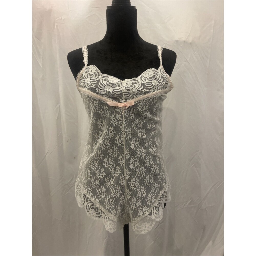 Vintage NYLON Lace Nightie Romper Playsuit Teddie LACE TRIM  Snap Gusset Sz S